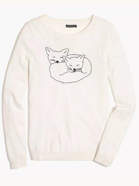 J. Crew Mercantile Cream Sweater with Cuddling Fox Embroidery Size XS